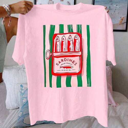 Women'S Sardines Print Round Neck Tee Trendy Casual Short