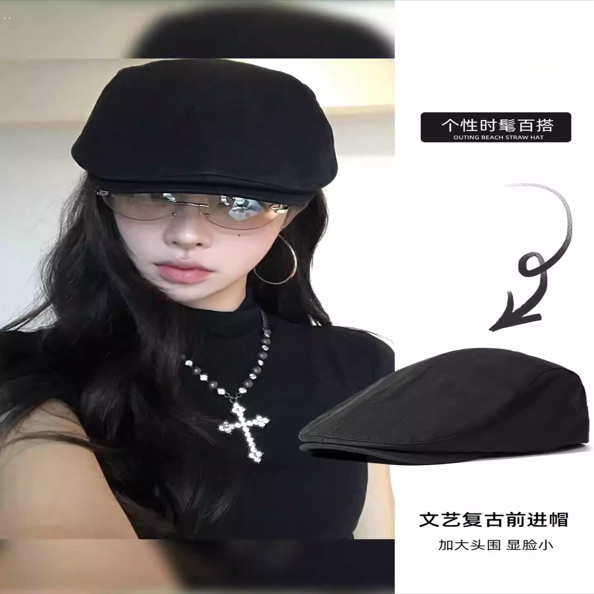 日系复古纯色前进帽女秋冬休闲百搭黑色贝雷帽女显脸小鸭舌帽子
