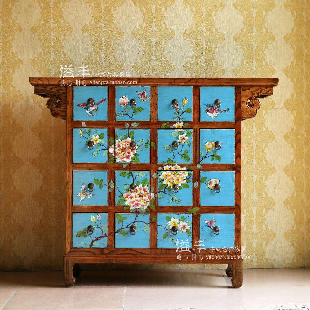 现代新中式仿古典家具实木多斗柜简约储物收纳柜手工彩绘田园玄关