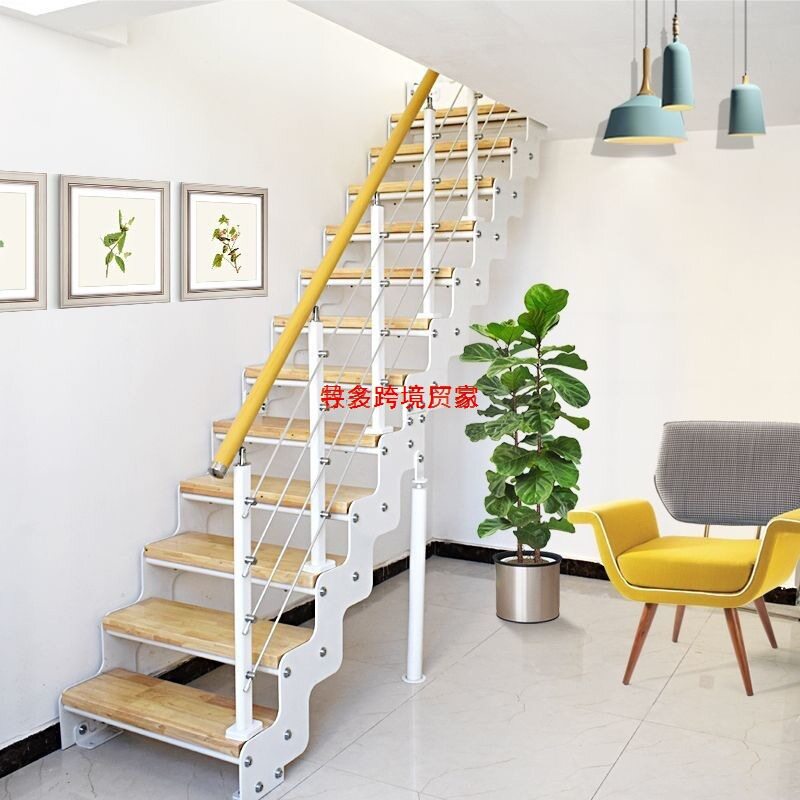 定钢木制双梁楼梯直梯阁楼楼梯复式loft公寓楼梯跃层玻璃转角立板