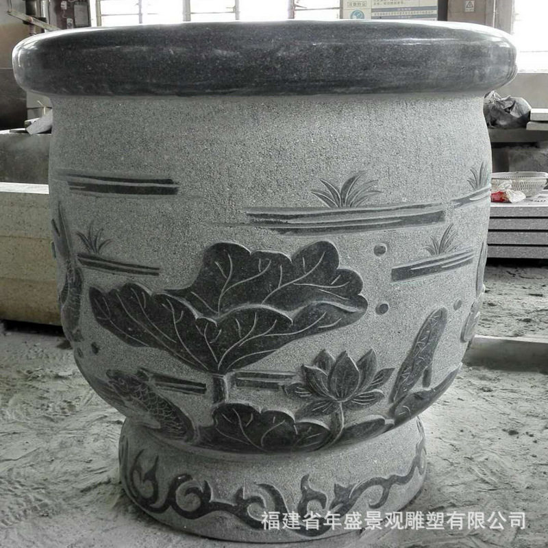 芝麻黑石材鱼缸庭院景观雕塑植物睡莲水缸石雕花盆容器摆件