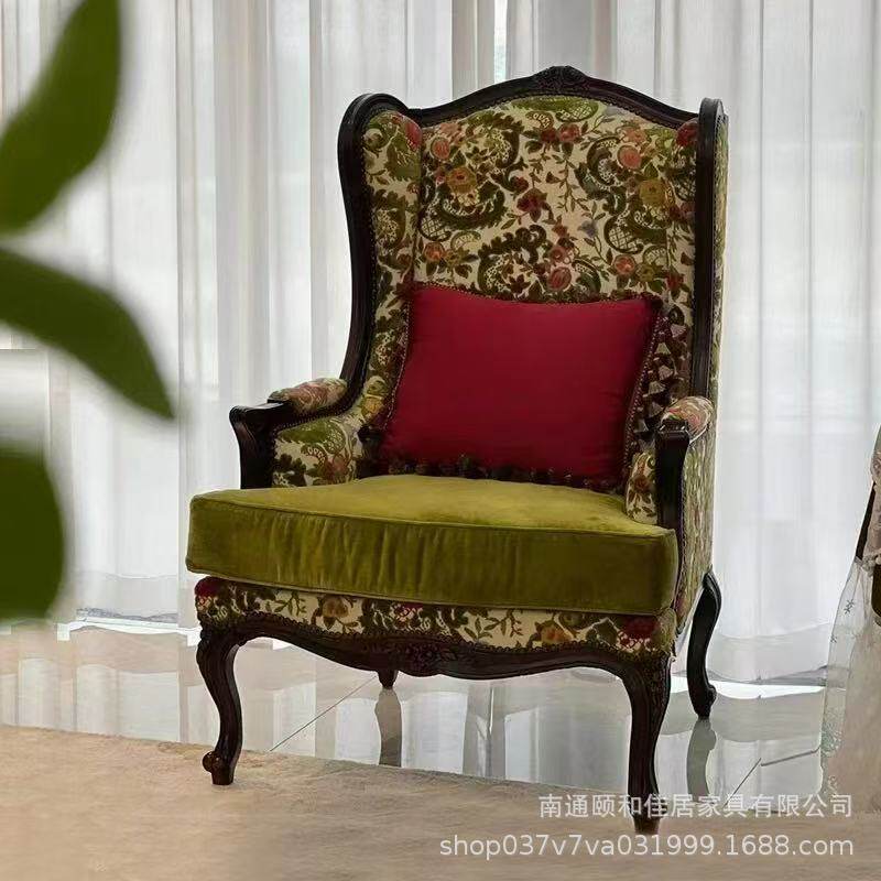 法式复古中古风实木雕花沙发椅美式新古典金色做旧印花宫廷休闲椅