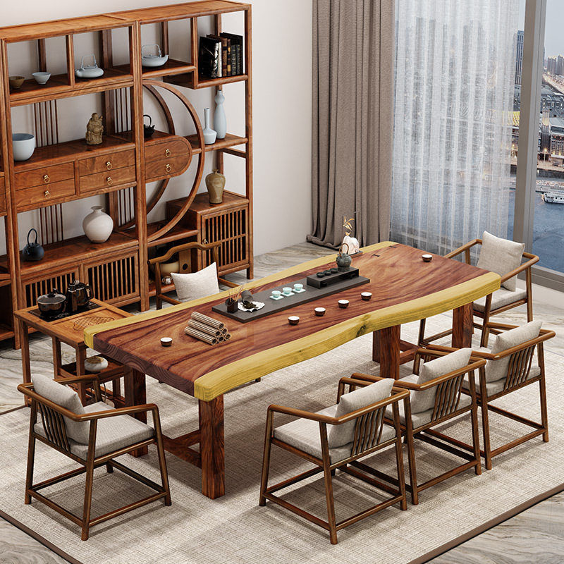 实木大板不规则自然边功夫泡茶洽谈长桌茶水台黑胡桃木茶桌椅组合