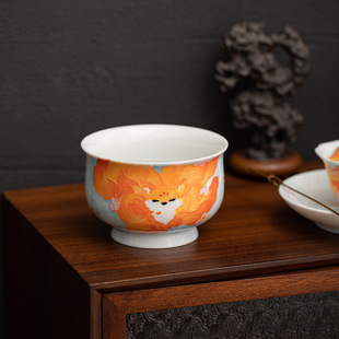 阅锐手绘九尾狐主人杯高足茶杯陶瓷家用单杯品茗杯闻香杯杯伴手