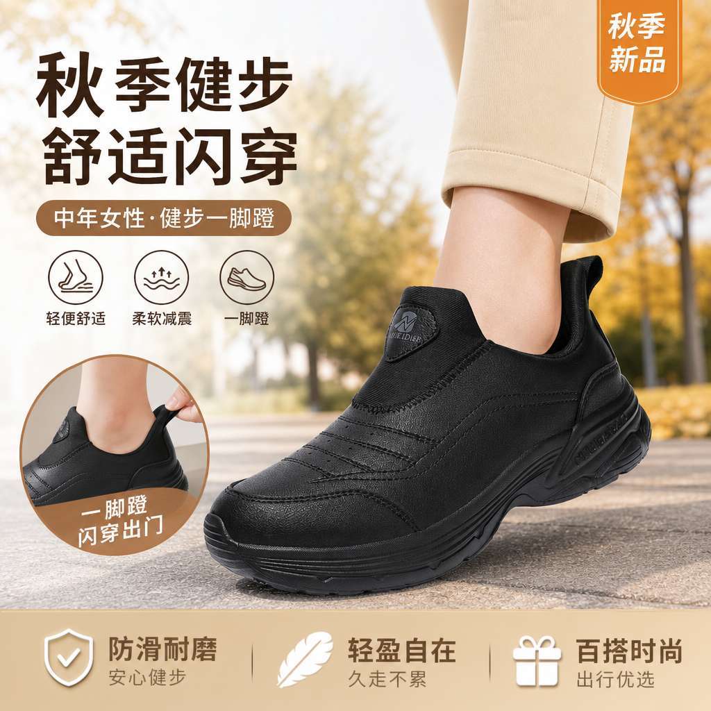 牛霸道秋冬皮面一脚蹬广场舞鞋