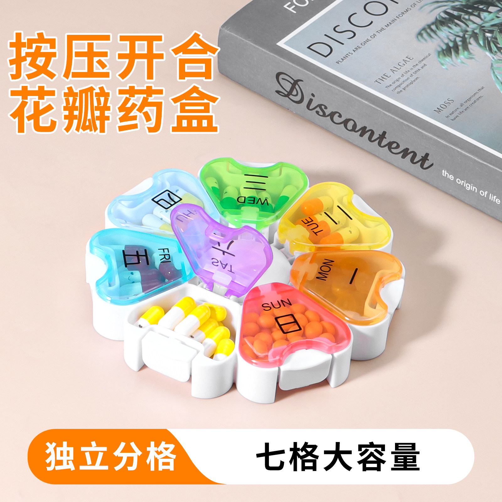 按压式花瓣药盒一周七天大容量维生素钙片鱼肝油药物药丸分装盒