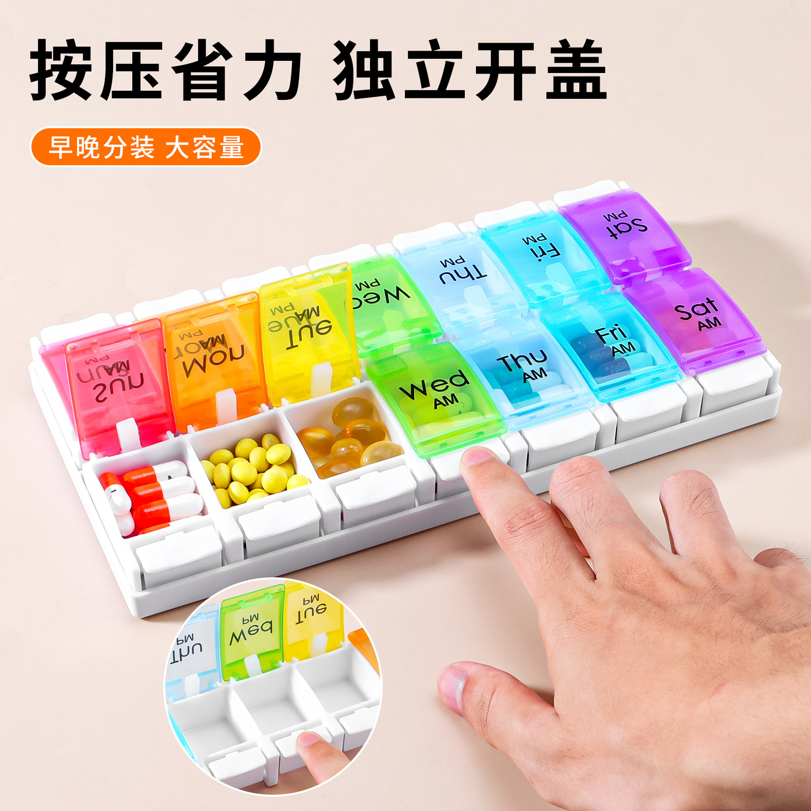 药盒一周七天药品分装盒早晚大容量可拆卸药片盒按压弹跳式