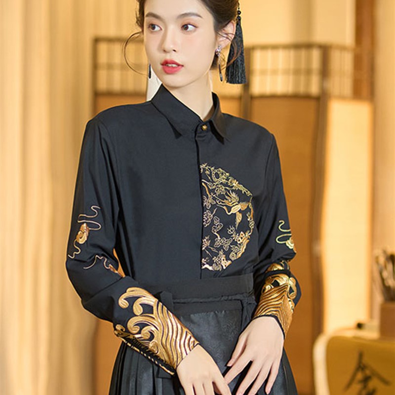 极速配马面裙的h上衣黑色古风衬衣女款汉服对襟上衫春秋国风新中图片