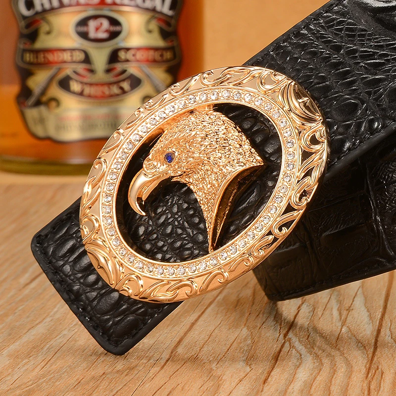 男士真皮鳄鱼纹平滑扣镶钻高档牛皮腰带皮带男青年个性时尚裤带男