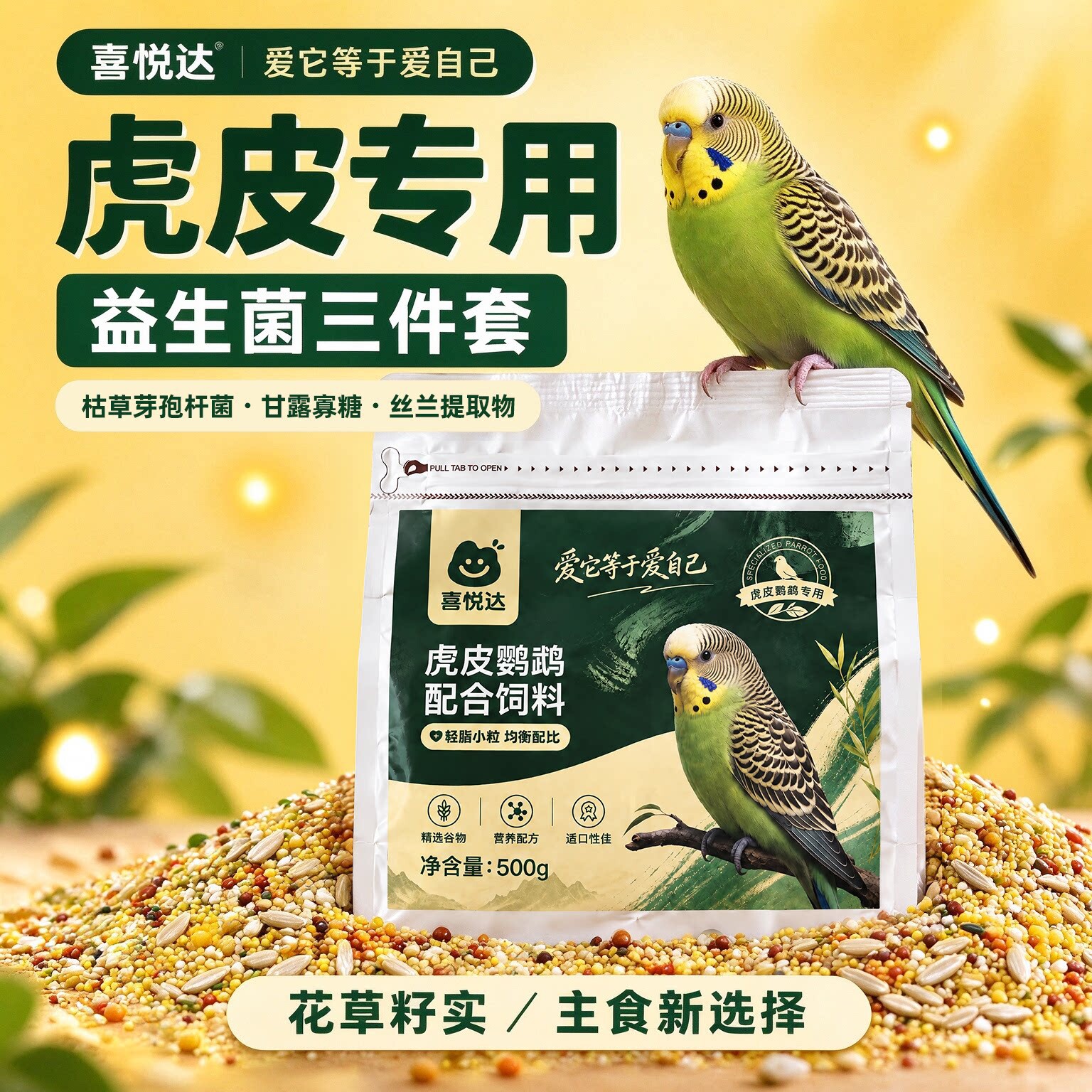 喜悦达虎皮鹦鹉专用鸟粮营养粮食谷物种子混合小颗粒饲料无壳鸟食