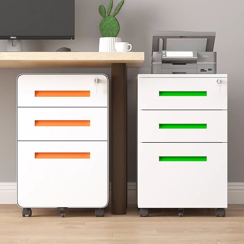 办公桌下活动柜三抽屉铁皮柜移动资料柜储物矮柜带锁收纳小柜子