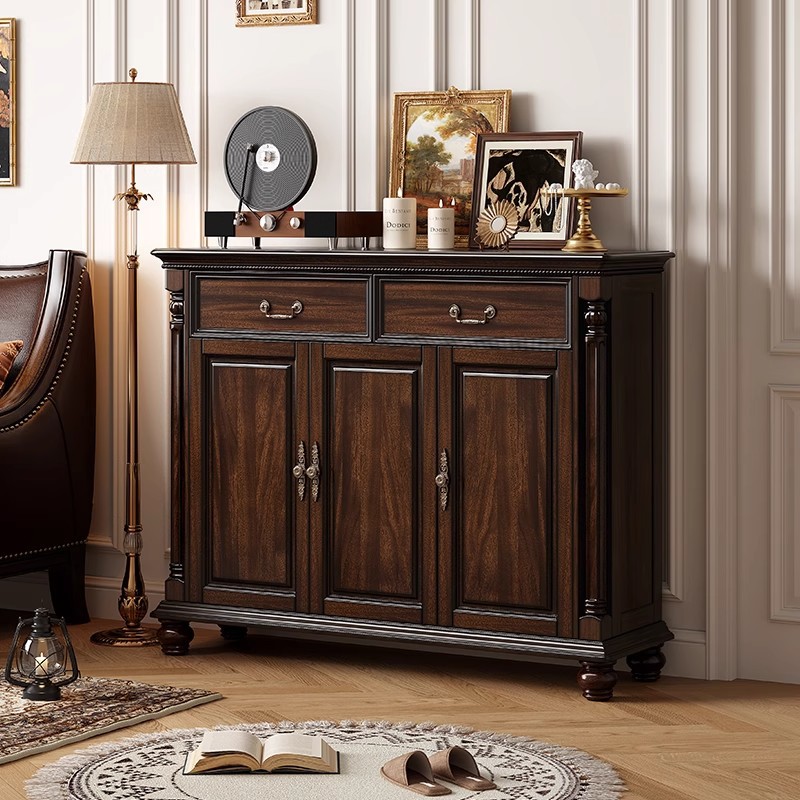 美式复古乡村鞋柜家用入户实木收纳储物柜过道黑胡桃木靠墙置物柜