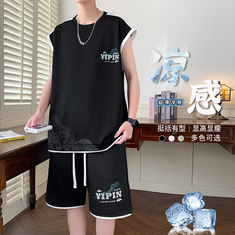 无袖坎肩背心男套装篮球运动服夏季冰丝宽松大码短裤一套休闲搭配