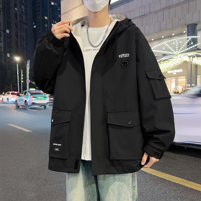 工装外套男春秋季青少年潮牌胖子宽松大码夹克初中高中学生冲锋衣