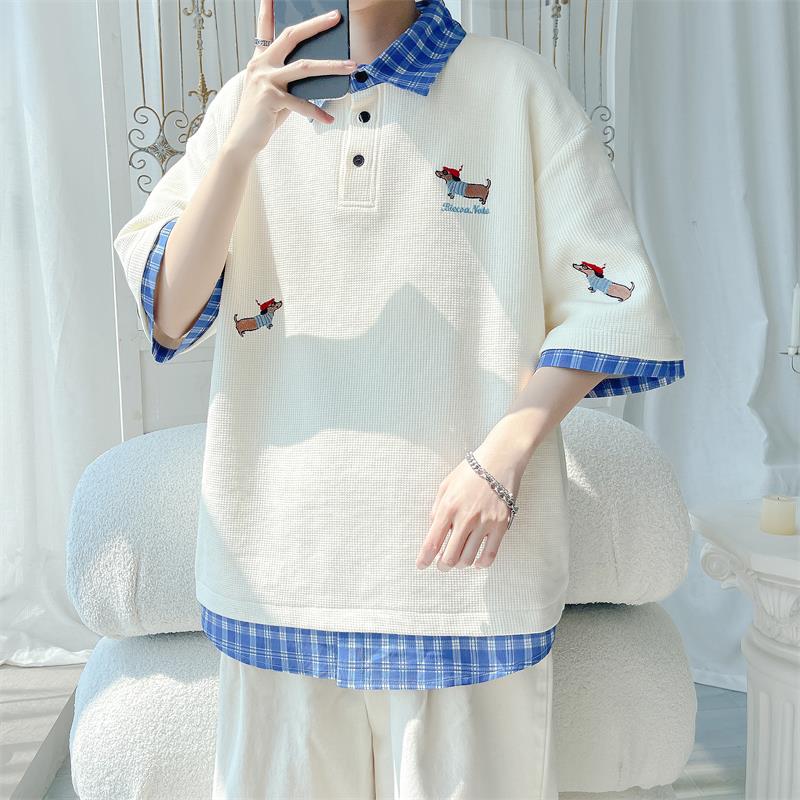 腊肠狗刺绣假两件polo领短袖T恤男夏季潮牌大码宽松青少年上衣服