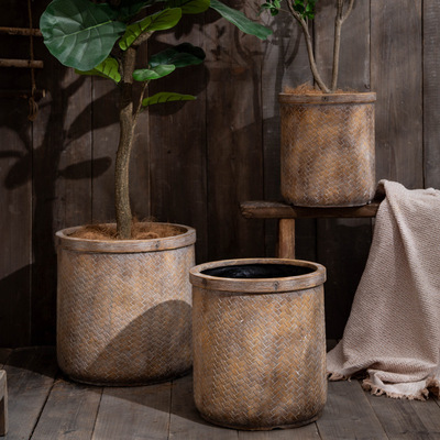 竹编篮子造型特大号镁泥花盆有底孔家居户外仿真花南天竹尤加利树