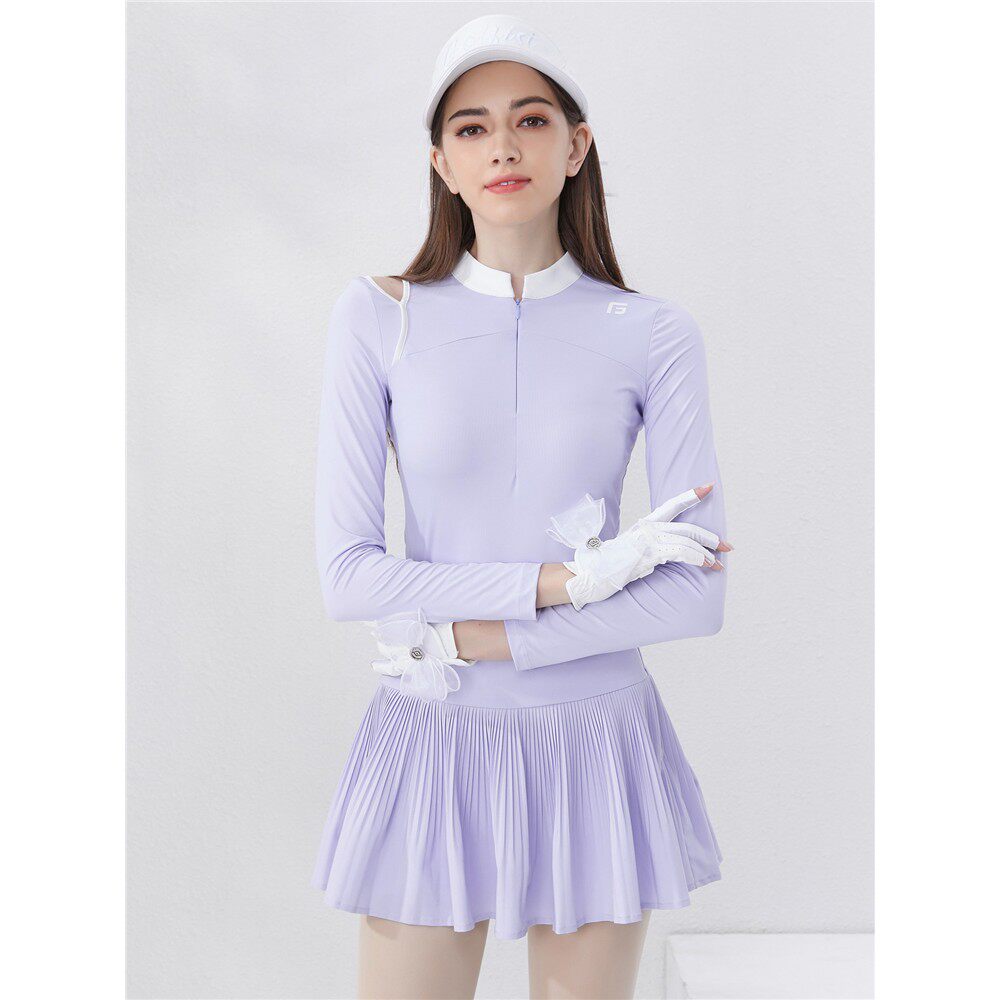 夏季高尔夫网球长袖女百褶裙套装女修身防晒上衣女golf女装服装女