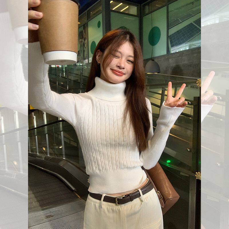 SONG JUNG-EUN WHITE TURTLENECK SWEATER WOMENS THICKENED AUTUMN AND WINTER SHORT UNDERWEAR BASE LAYER SLIM TWIST KNIT SWEATER TOP