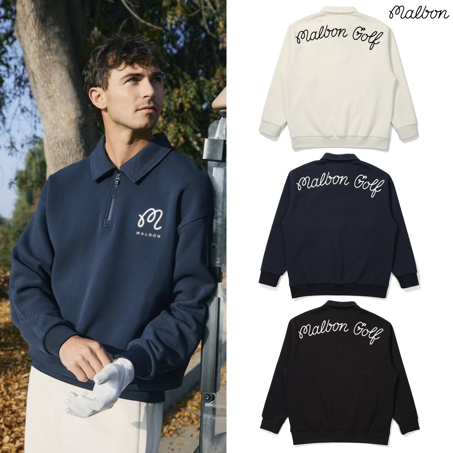 25秋冬韩国MALBON高尔夫服装男款运动时尚宽松半拉链长袖翻领卫衣