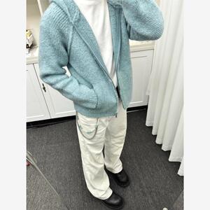 秋冬新款复古纯色马海毛连帽针织开衫男女宽松慵懒氛围感毛衣外套