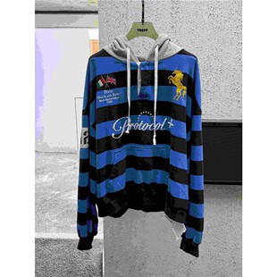 Protocol index条纹撞色刺绣战马连帽衫美式休闲情侣流行潮牌卫衣
