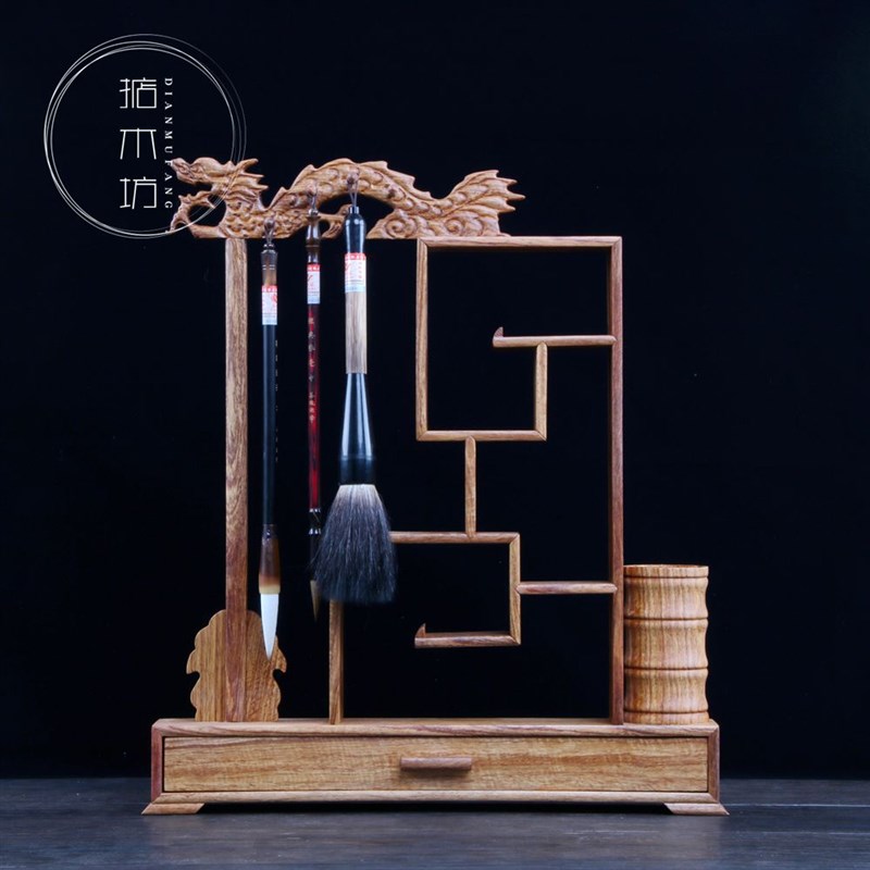 花梨木鸡翅木红木实n木毛笔架笔搁龙头毛笔挂文房四宝书法用品