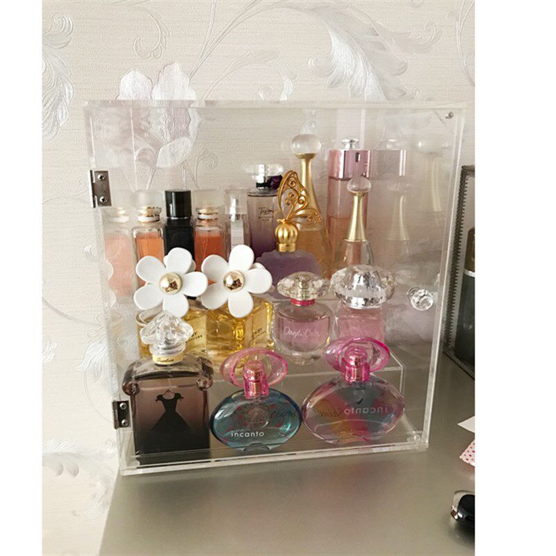 大号阶梯形有门香水架防尘香水展示箱亚克力护肤品透明桌面收纳盒