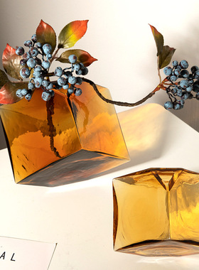 高级感轻奢几何花瓶摆件客厅餐桌办公室桌面摆放仿真花玻璃瓶高档