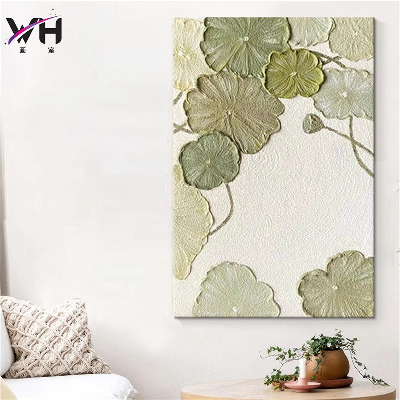 小清新和气生财立体肌理纯手绘油画荷花奶油O风客厅装饰画玄关挂