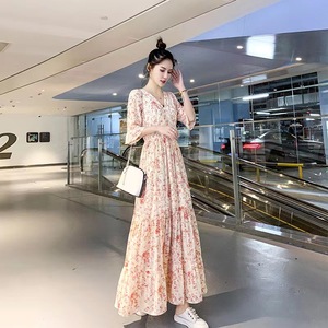 2024新款雪纺碎花连衣裙女夏季长款收腰复古气质仙女长裙子大摆女