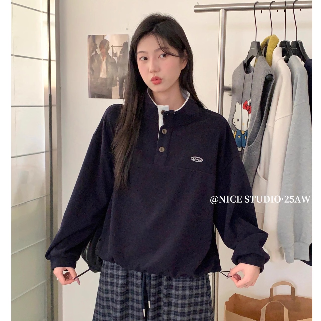 【奶思家NICE STUDIO】2025秋季新款韩版中领收缩宽松卫衣女L091