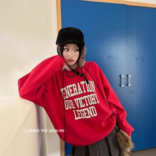 新款 2025冬季 复古字母滴浆立体印花加绒卫衣女25796 FISH