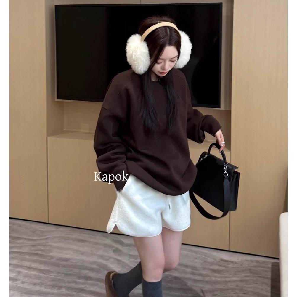 【KAPOK】2025冬季新款百搭小短裤加厚松紧腰羊羔毛休闲短裤35065