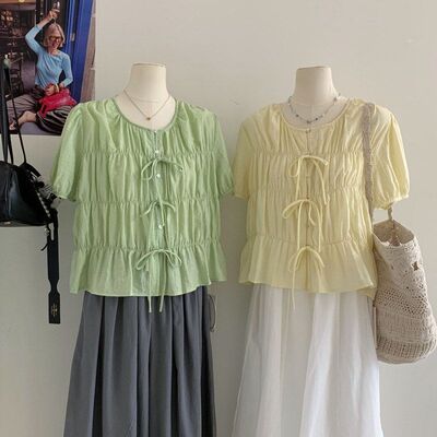 苏珊韩系褶皱系带圆领娃娃衫女