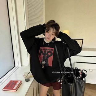 新款 2025冬季 街头风NO标语黑猫印花加绒卫衣女25782 FISH