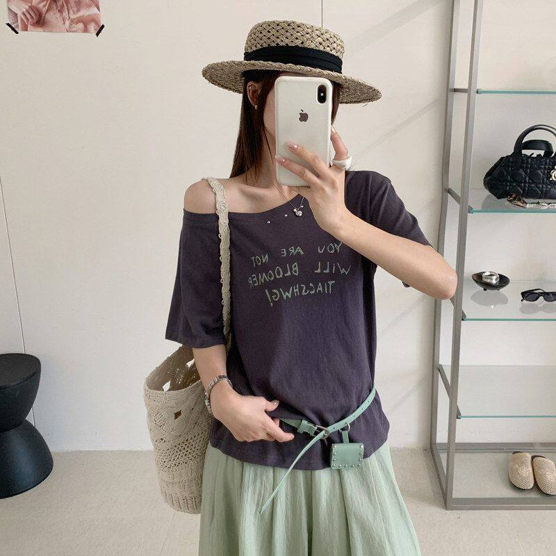 【苏珊SUSAN】2026夏上新韩版设计感斜肩短袖T恤女衣配腰包3909S