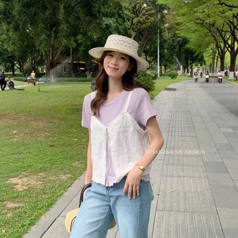 【苏珊SUSAN】2026春夏爆款系带蕾丝拼接吊带背心+短袖T恤女3060S