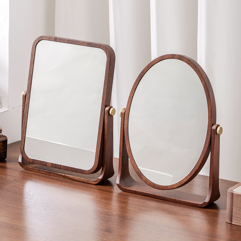 高端实木镜子高清化妆镜台t式桌面主卧室圆方形木框中式复古化妆