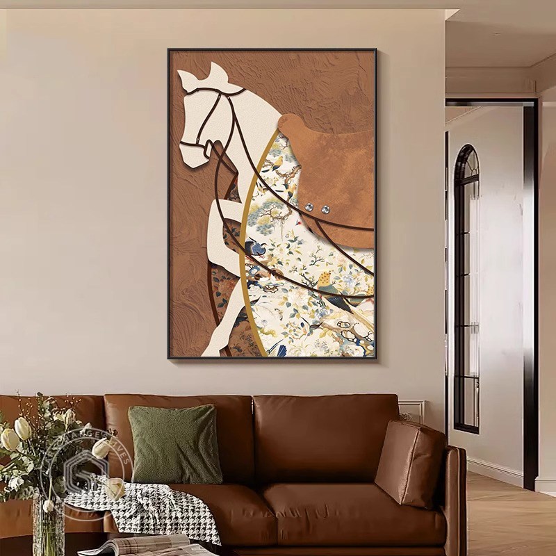 中古风马到功成入户玄关装饰w画法式复古客厅沙发背景墙挂画墙壁图片