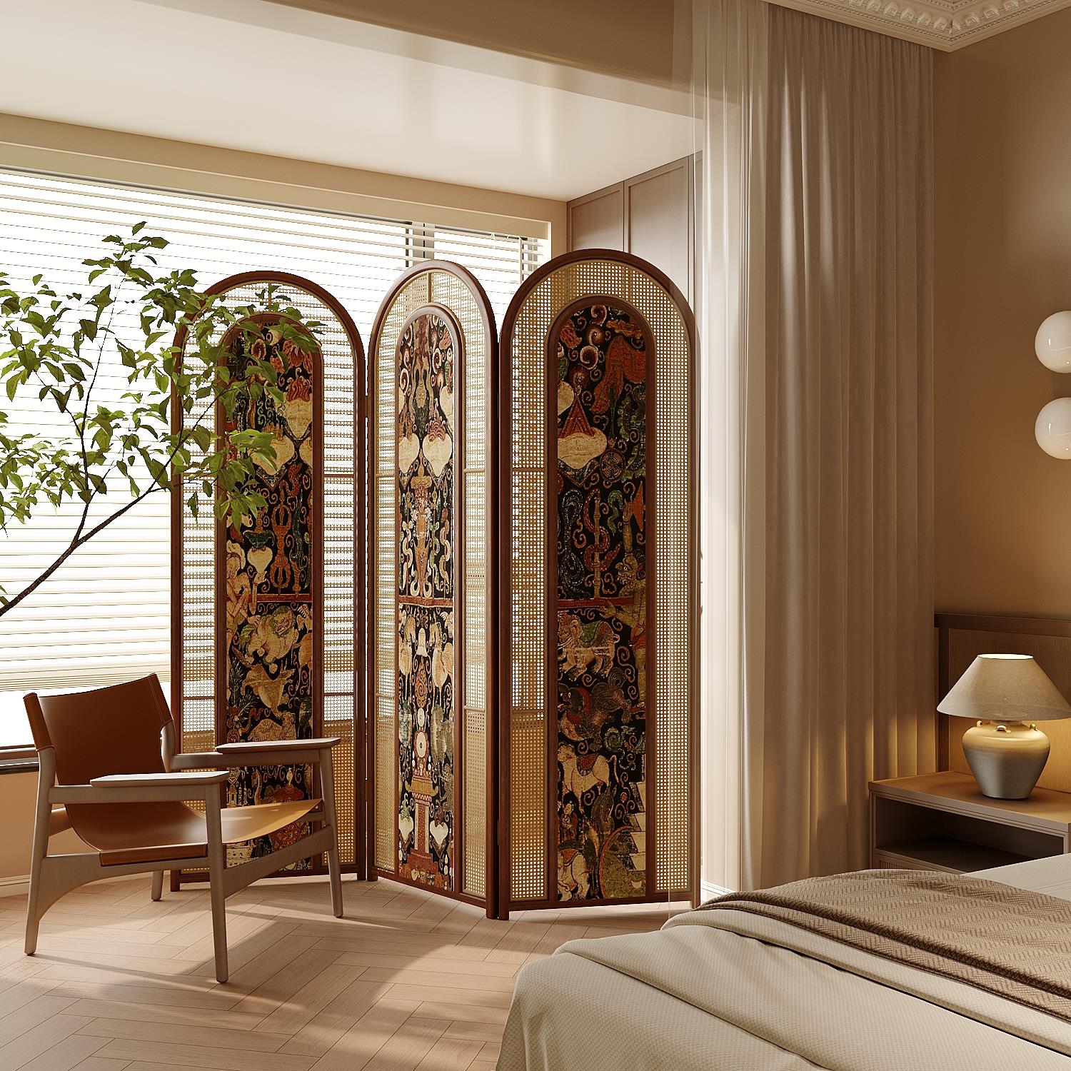 设计师藤编屏风隔断法式客厅入户实木家用小户型酒店餐厅移动折叠