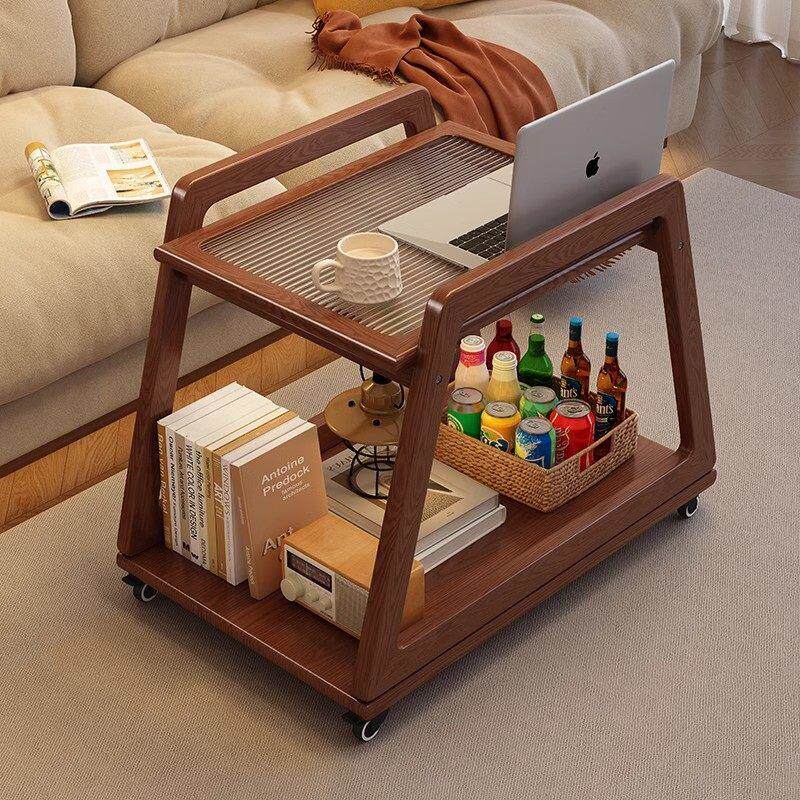 可移动小户型边几置物架简易实木小推车茶几玻璃收纳沙发边柜客厅