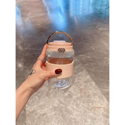 便携吸管玻璃杯高颜值镶钻双饮咖啡杯大容量家用办公室水杯随行杯