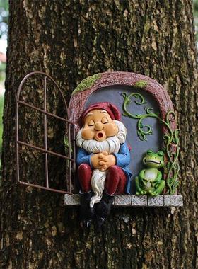 跨境新品树脂花园摆件创意微景观大树装饰花园园林装饰品睡觉矮人