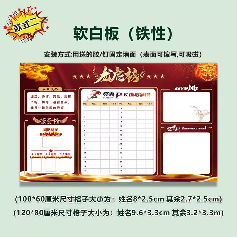定制磁性软白板可擦写公告栏业绩展示板销售排行榜龙虎WPK看板墙