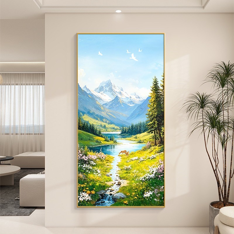 金山福鹿玄d关装饰画入户正对门壁画轻奢高级手绘春日风景油画挂图片