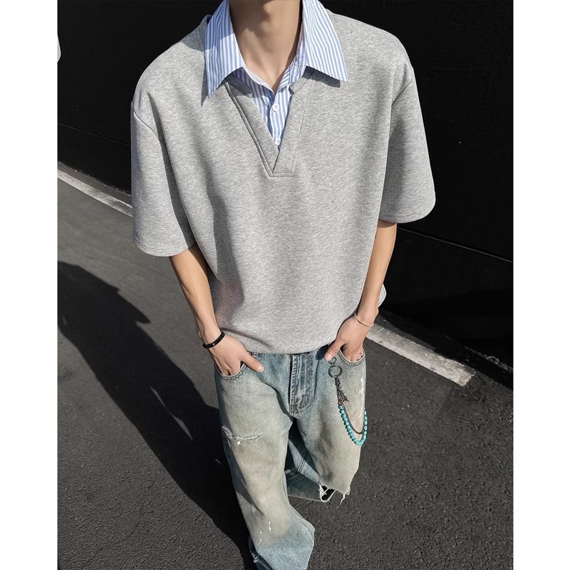 enhypen男装假两件衬衫领短袖T恤男夏季新款设计感百搭痞帅宽松
