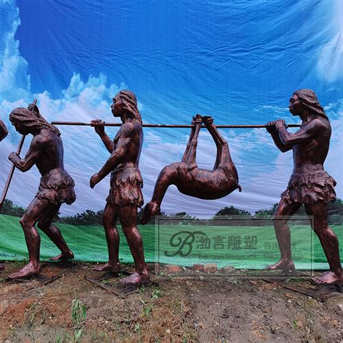 玻璃钢仿铜原始人生活情景雕塑钻木取火打猎铜雕像城市景观摆件
