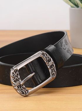 POLR FREEMAN复古蝴蝶压花皮带雕花皮带女黑色针扣宽腰带百搭时尚