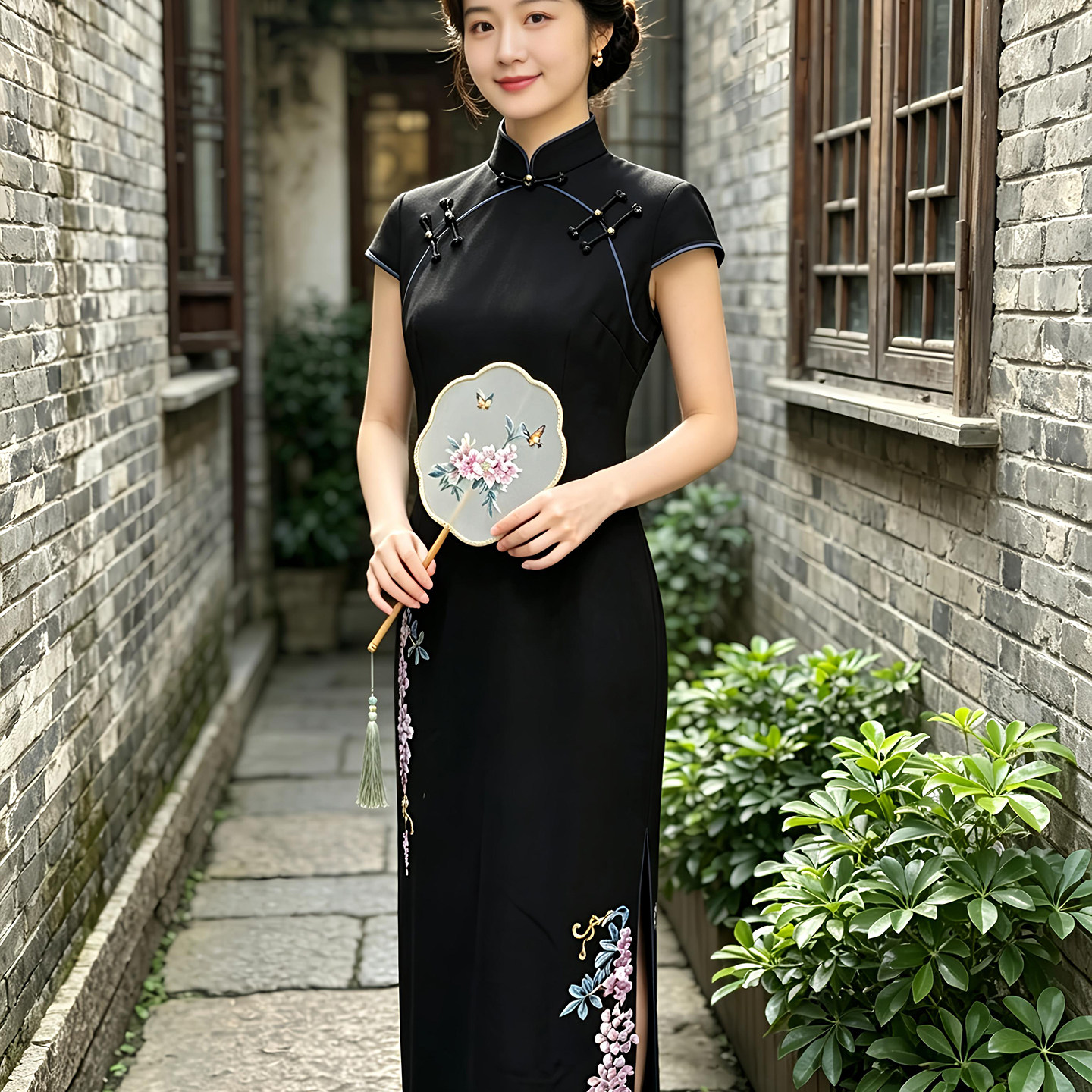 佳衣传统国风紫藤萝花刺绣旗袍日常百搭修身舒适女款中式