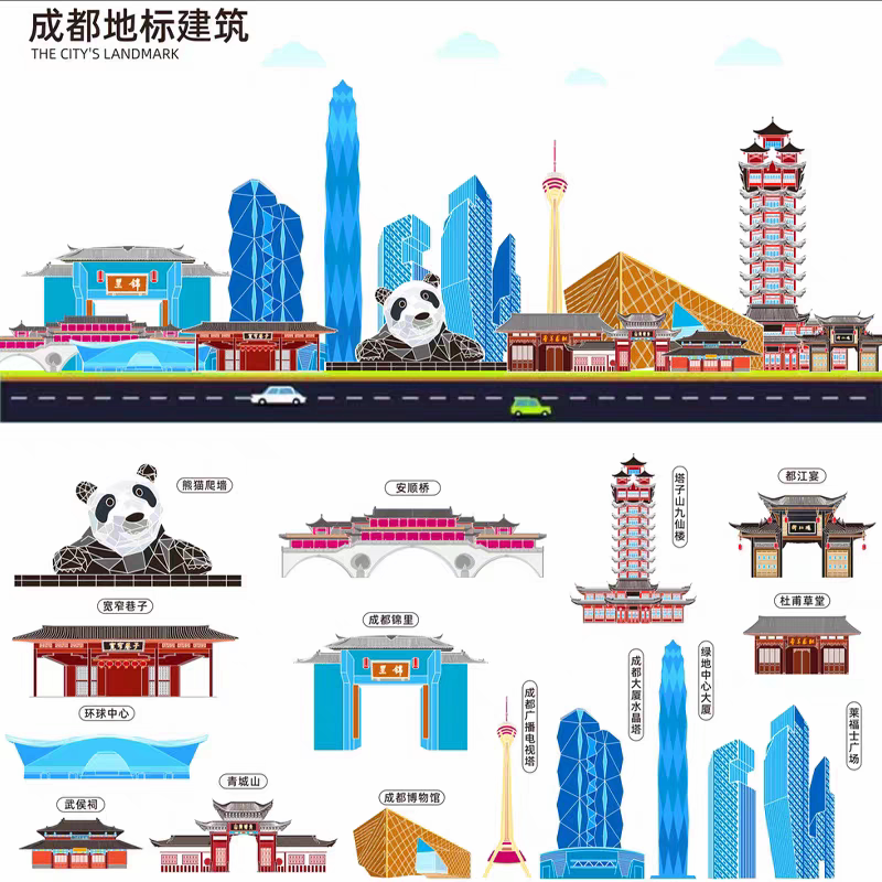 四川省成都城市地标建筑剪影旅游图片线条线描抽象插画矢量ai素材